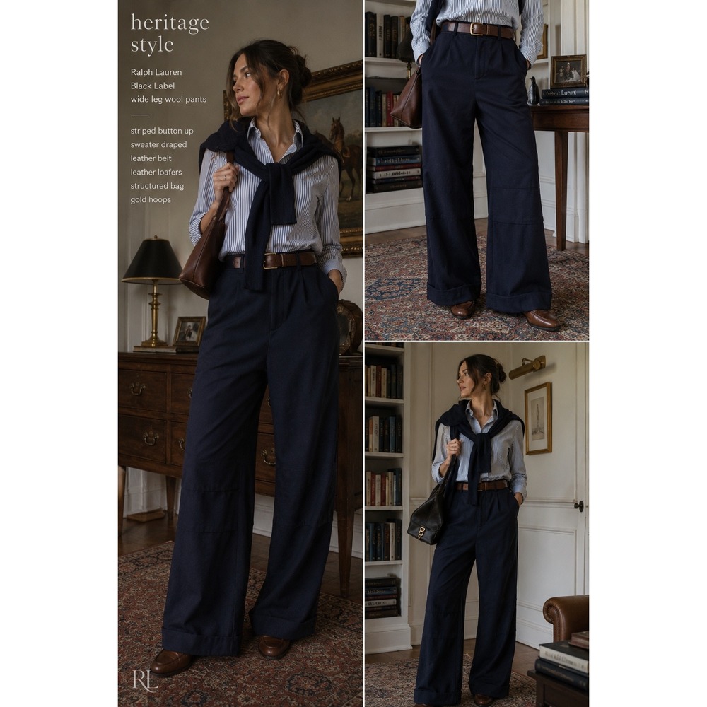 Vintage Ralph Lauren Black Label Wool Navy Pants 4 Wide Leg Quiet Luxury 90s